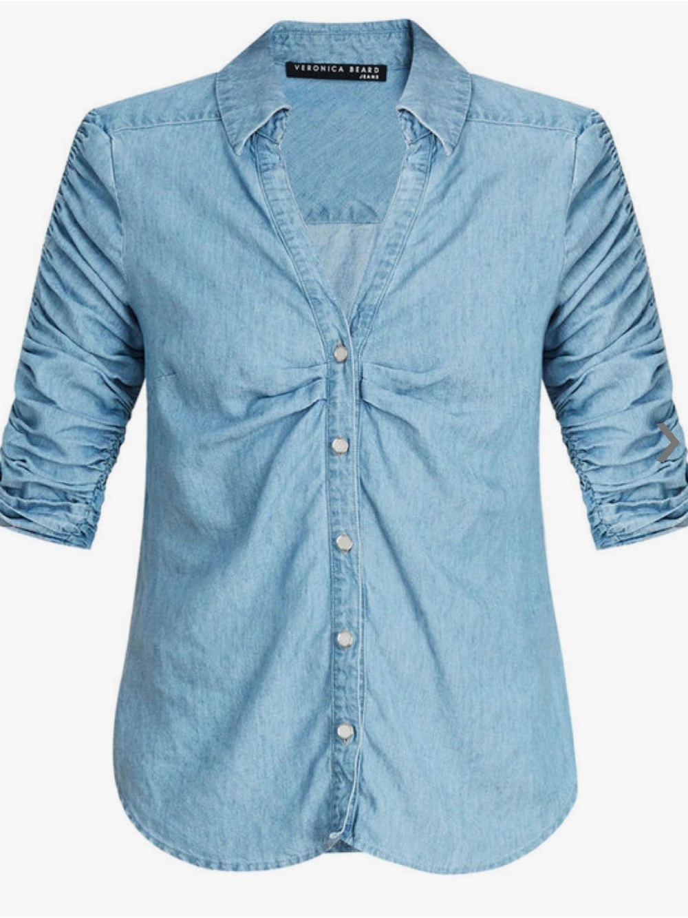 VERONICA BEARD Porta Chambray Ruched Denim Button-Up Shirt Smocked 3/4 Sleeves